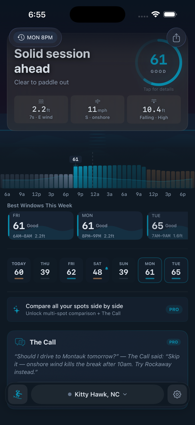Boardcast app showing a surf score on the dark mode dashboard